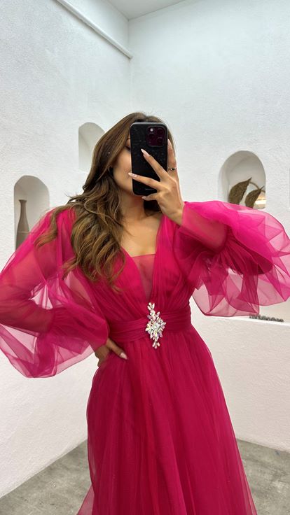 Fuşya Balon Kol Broş Detay Tül Abiye Elbise