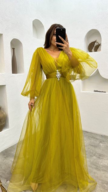 Sarı Balon Kol Broş Detay Tül Abiye Elbise