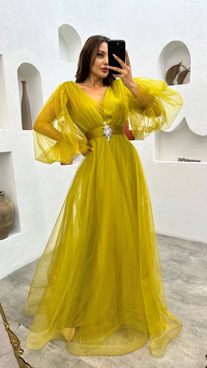 Sarı Balon Kol Broş Detay Tül Abiye Elbise