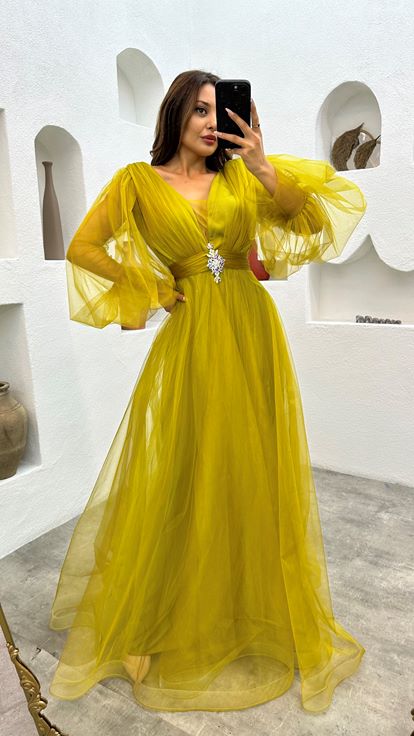 Sarı Balon Kol Broş Detay Tül Abiye Elbise