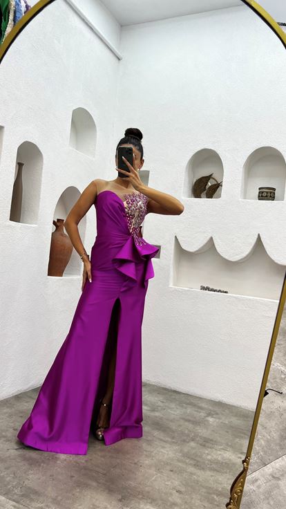 Fuchsia Volan Detailed Embroidered Draped Slit Satin Evening Dress