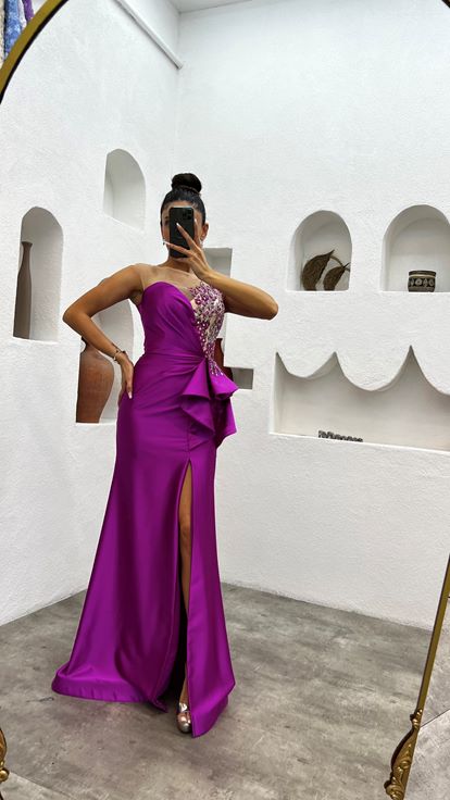 Fuchsia Volan Detailed Embroidered Draped Slit Satin Evening Dress