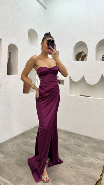 Claret Red Strapless Draped Satin Evening Dress