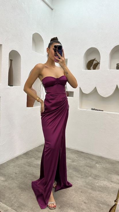 Claret Red Strapless Draped Satin Evening Dress