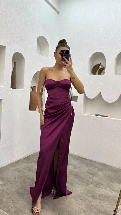 Claret Red Strapless Draped Satin Evening Dress