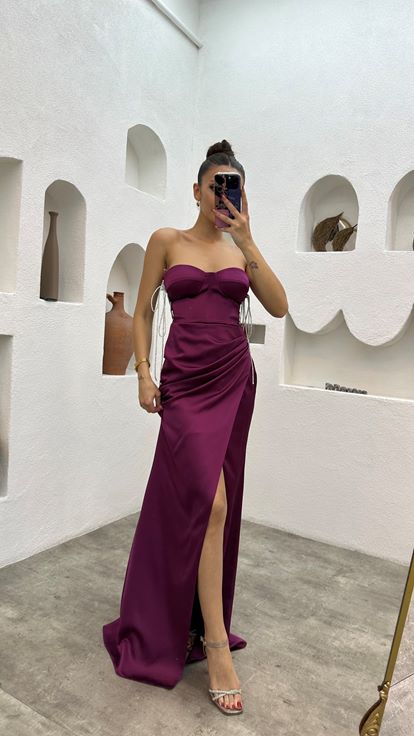 Claret Red Strapless Draped Satin Evening Dress