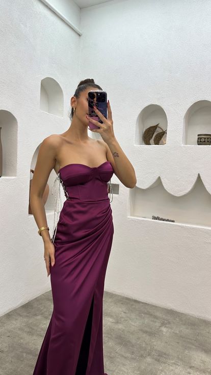 Claret Red Strapless Draped Satin Evening Dress