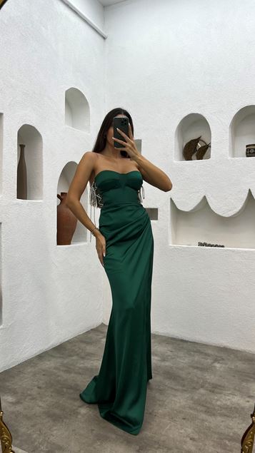 Emerald Green Strapless Draped Satin Evening Dress