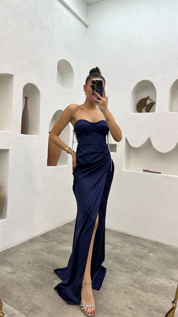 Navy Blue Strapless Draped Satin Evening Dress