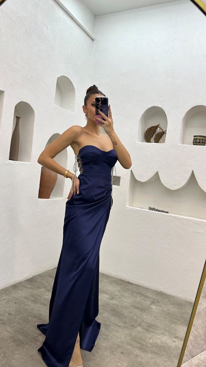 Lacivert Straplez Drapeli Saten Abiye Elbise