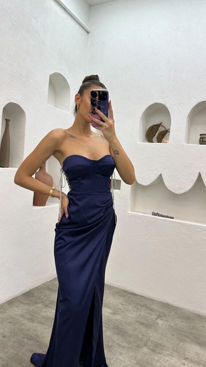 Lacivert Straplez Drapeli Saten Abiye Elbise