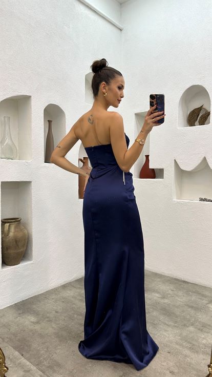 Lacivert Straplez Drapeli Saten Abiye Elbise