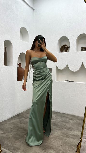 Khaki bustier drapé Satin Robe de soirée