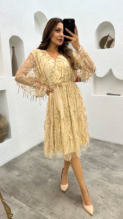 Beige Balloon Sleeve Sequin Detail Midiboy Dress