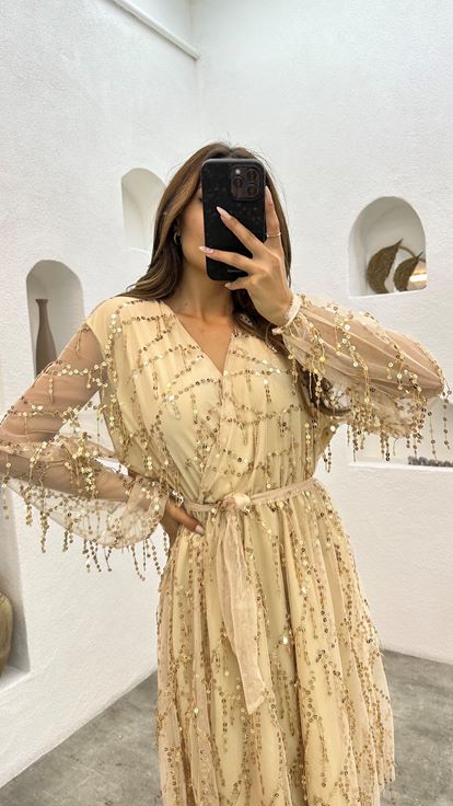 Beige Balloon Sleeve Sequin Detail Midiboy Dress