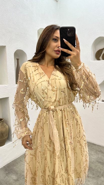Beige Balloon Sleeve Sequin Detail Midiboy Dress