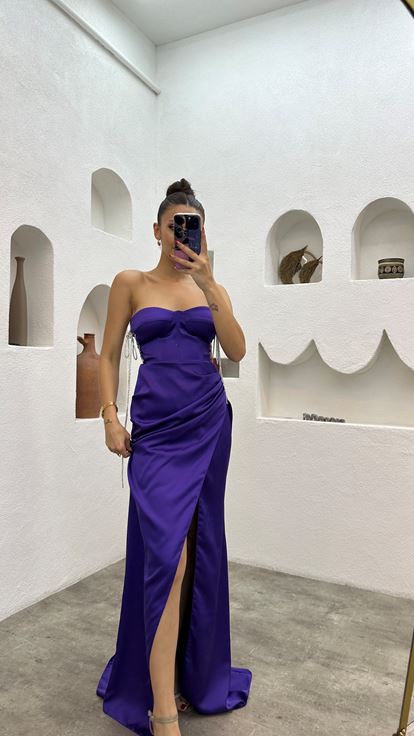 Purple Strapless Draped Satin Evening Dress