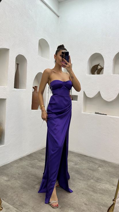 Purple Strapless Draped Satin Evening Dress
