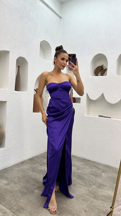 Purple Strapless Draped Satin Evening Dress