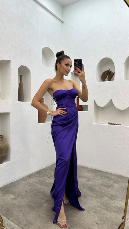 Purple Strapless Draped Satin Evening Dress