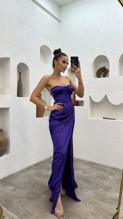 Purple Strapless Draped Satin Evening Dress