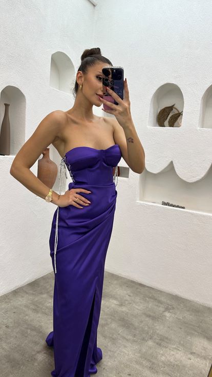 Purple Strapless Draped Satin Evening Dress