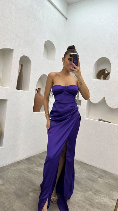 Purple Strapless Draped Satin Evening Dress