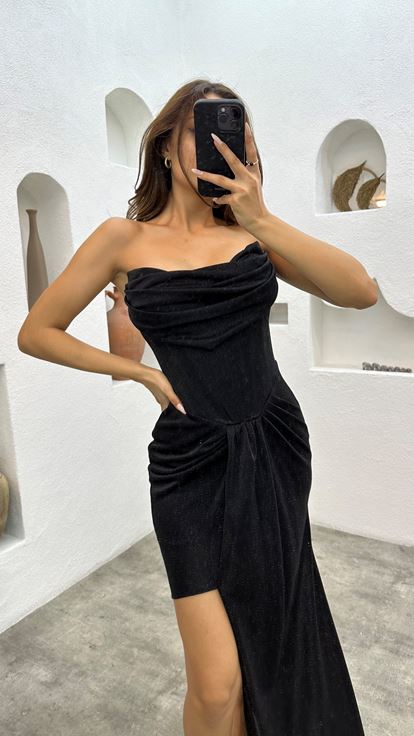 Black Strapless Draped Evening Dress