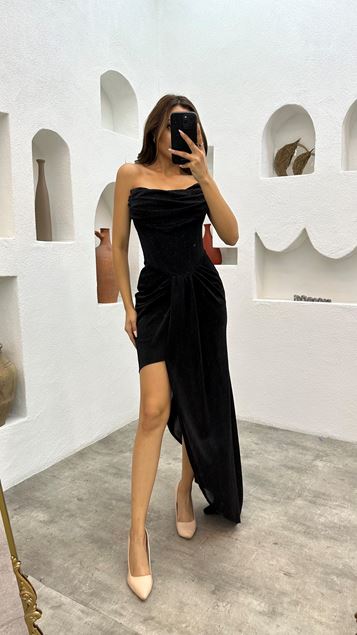 Black Strapless Draped Evening Dress