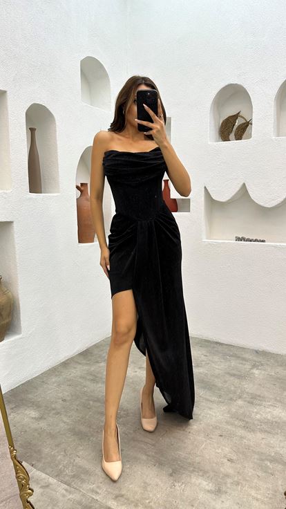 Black Strapless Draped Evening Dress