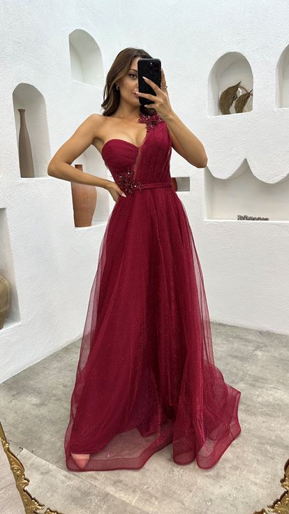 Bordo Tek Omuz İşleme Simi Tül Abiye Elbise