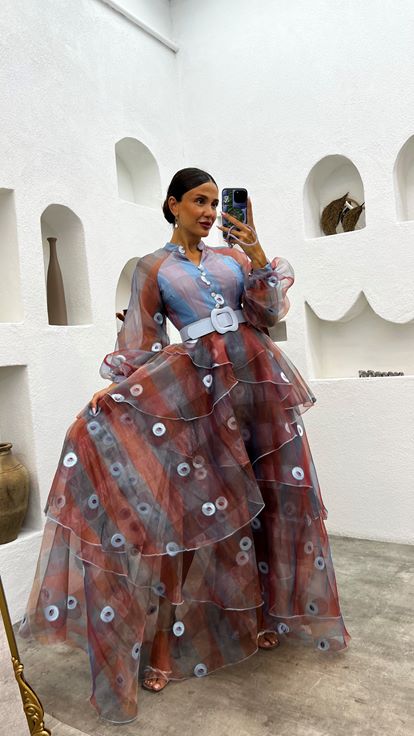 Blue Tiered Patterned Tulle Evening Dress