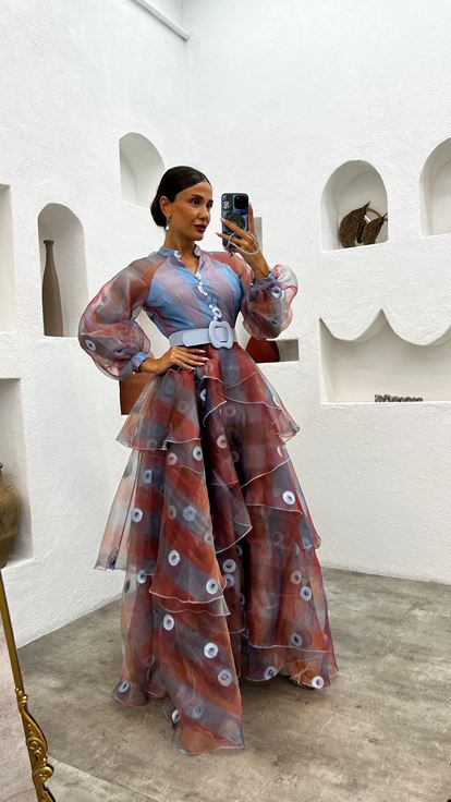 Blue Tiered Patterned Tulle Evening Dress