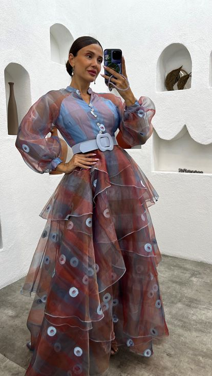 Blue Tiered Patterned Tulle Evening Dress
