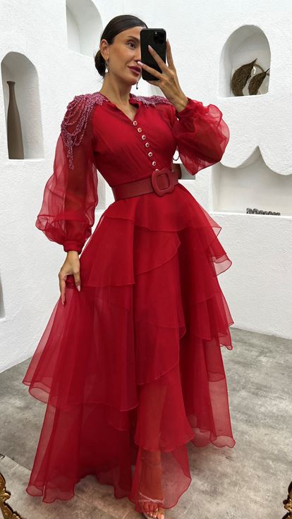 Red Shoulder Embroidered Tiered Evening Dress