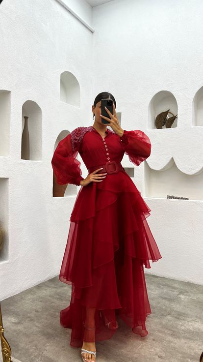 Red Shoulder Embroidered Tiered Evening Dress