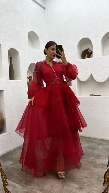 Red Shoulder Embroidered Tiered Evening Dress