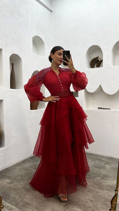 Red Shoulder Embroidered Tiered Evening Dress