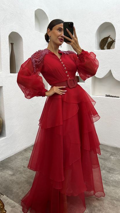 Red Shoulder Embroidered Tiered Evening Dress