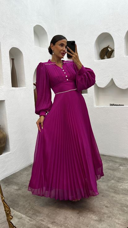 Fuchsia Pleated Button Detail Evening Dress