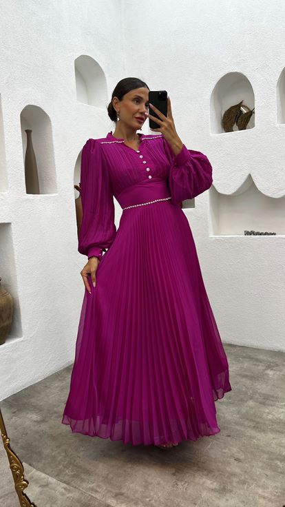 Fuchsia Pleated Button Detail Evening Dress