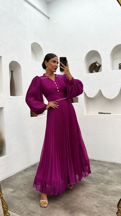 Fuchsia Pleated Button Detail Evening Dress