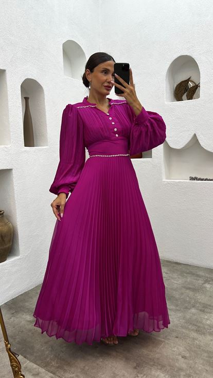 Fuchsia Pleated Button Detail Evening Dress