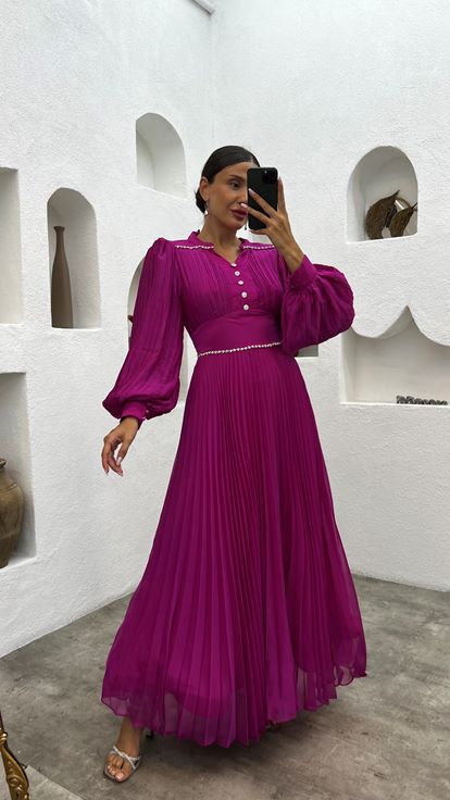 Fuchsia Pleated Button Detail Evening Dress