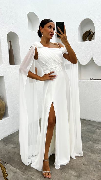 Beyaz Tek Omuz Gül Detay Abiye Elbise