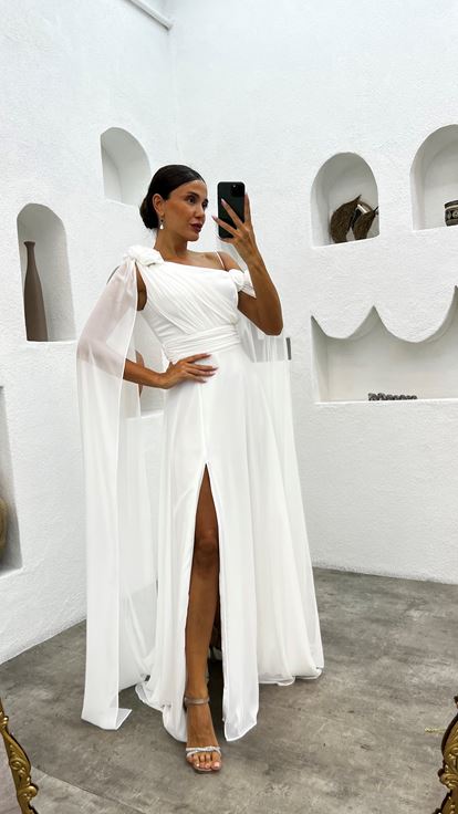 Beyaz Tek Omuz Gül Detay Abiye Elbise