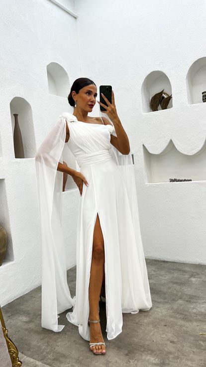 Beyaz Tek Omuz Gül Detay Abiye Elbise