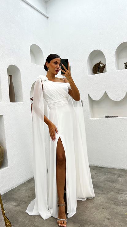 Beyaz Tek Omuz Gül Detay Abiye Elbise