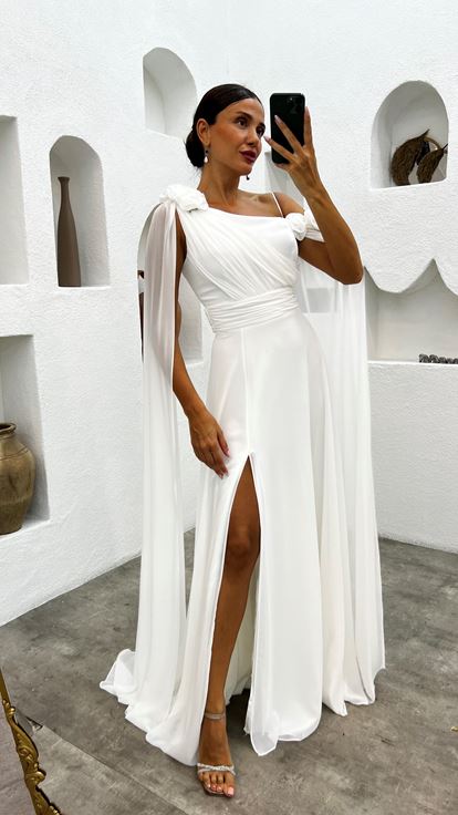 Beyaz Tek Omuz Gül Detay Abiye Elbise