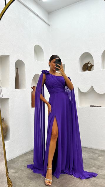 Purple One Shoulder Rose Detail Evening Dress